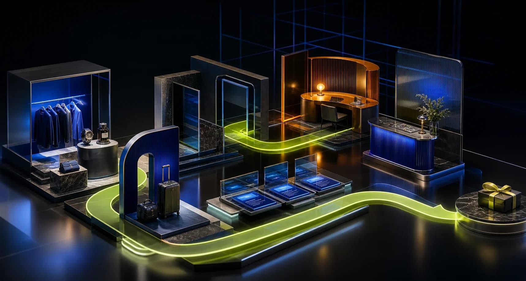 Retail, property, booking, and customer-service spaces connected by a bright service path