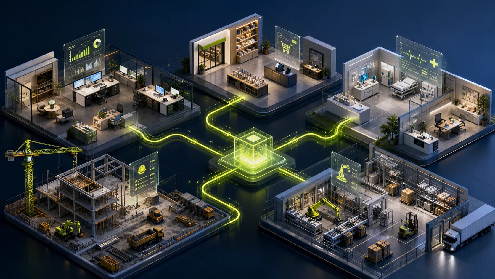Office, retail, healthcare, construction, and manufacturing operations connected by one automation workflow