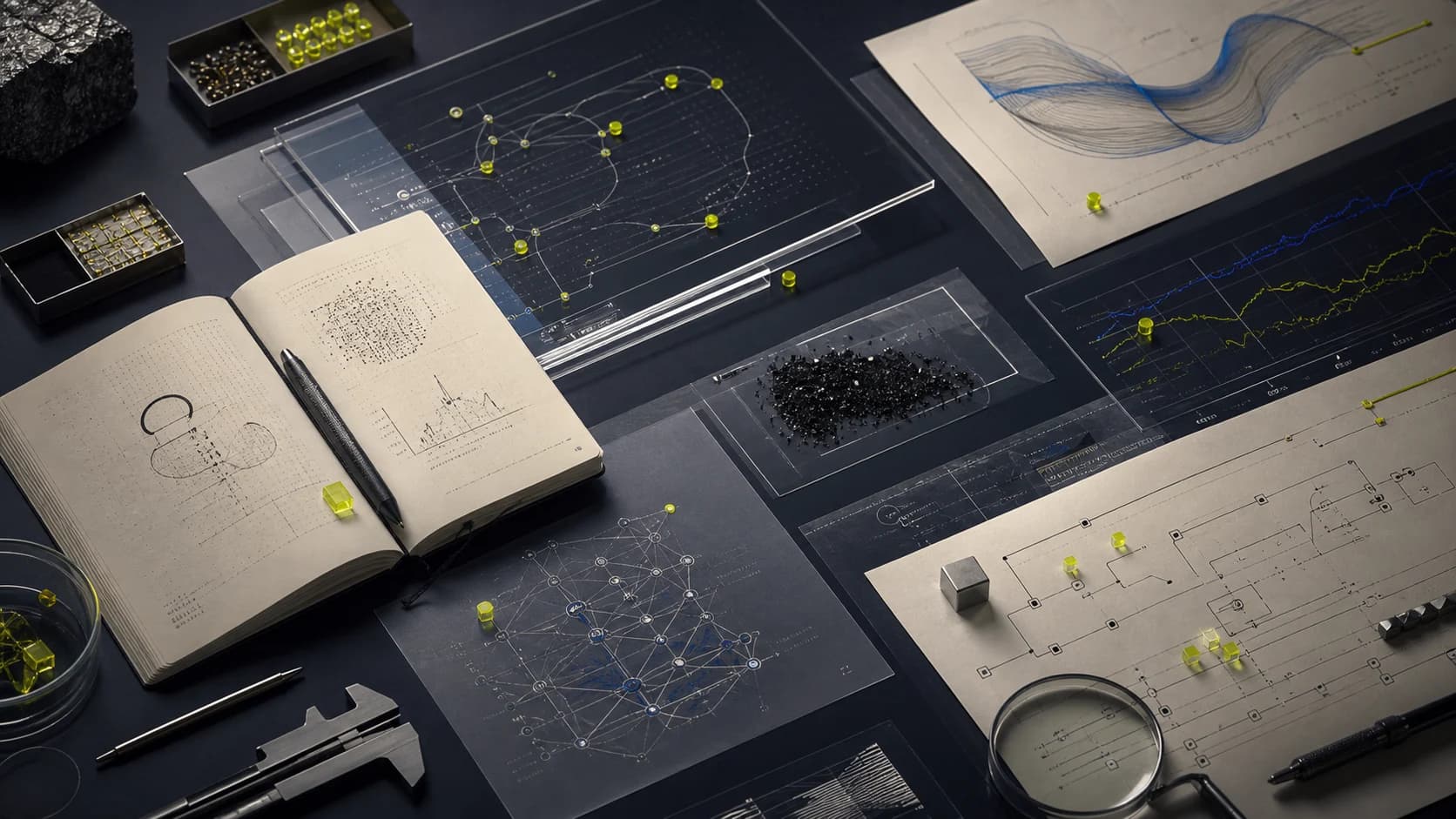 An AI engineering research desk with evaluation charts, workflow diagrams, and production field notes