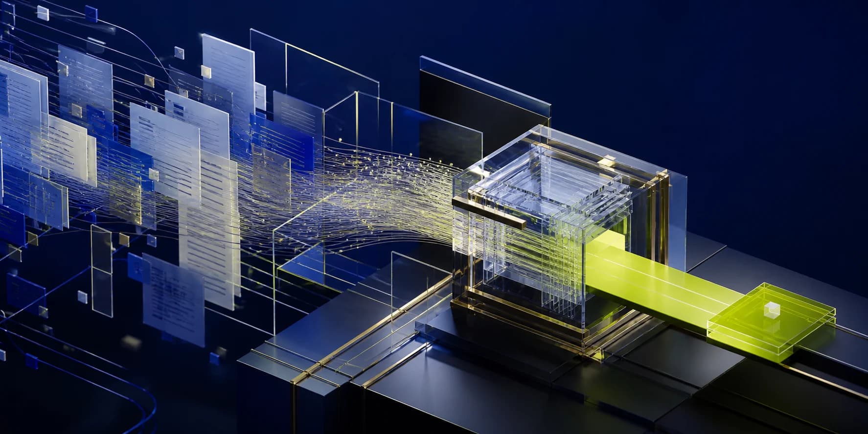 Glass document layers moving through a controlled review chamber into one completed workflow