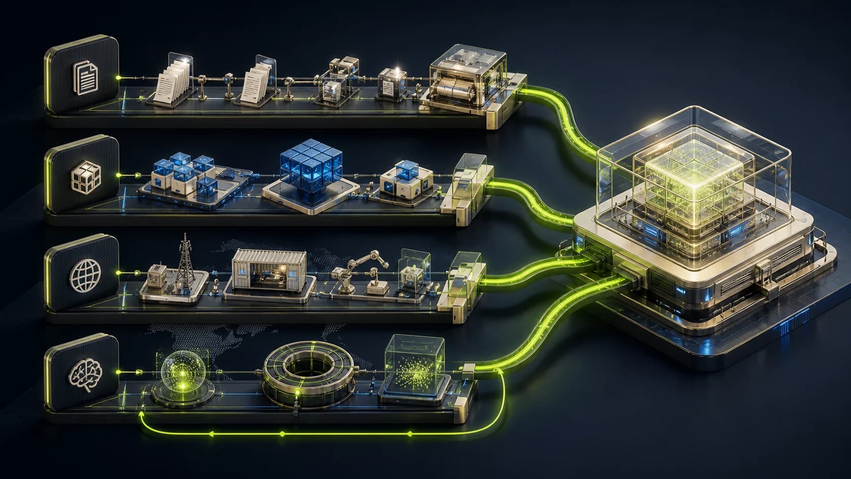 Four engineering delivery lanes converging into one production system