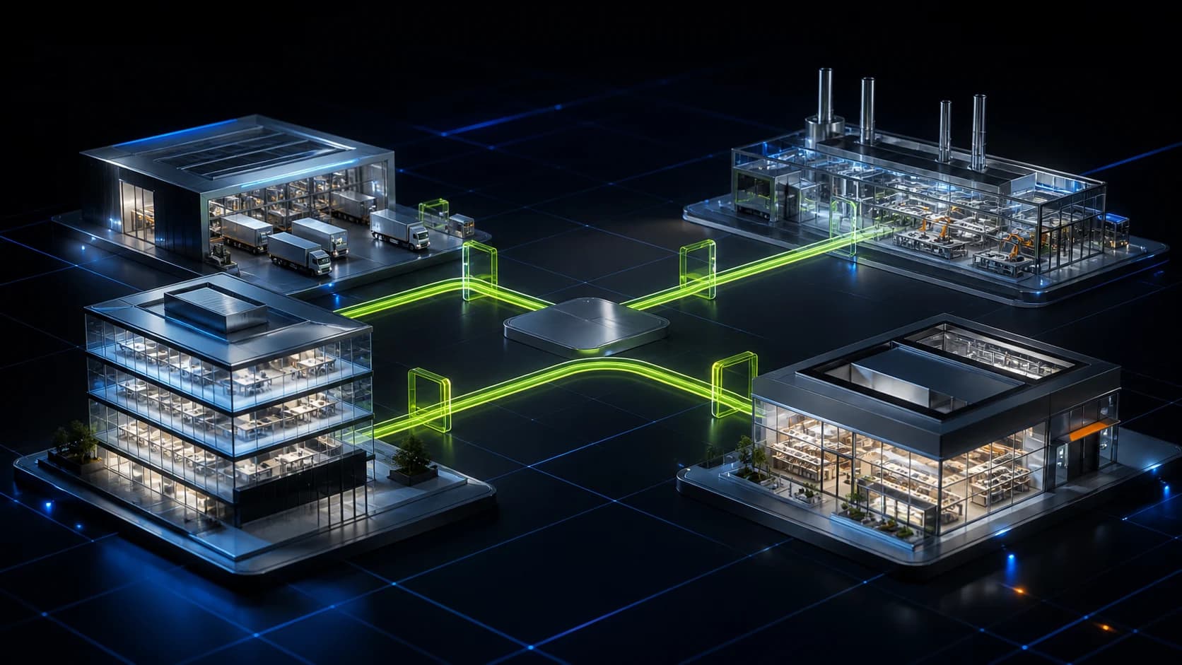 Office, retail, logistics, and production sites connected by a bright controlled workflow