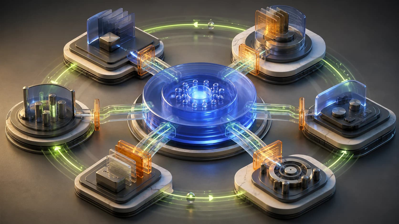 A cobalt glass intelligence layer connecting six company functions through controlled feedback loops