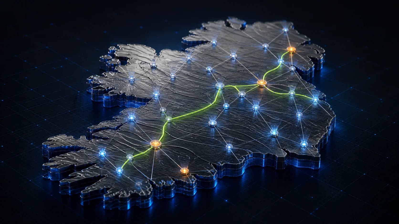 A raised metallic map of Ireland with connected operational nodes and a bright workflow route