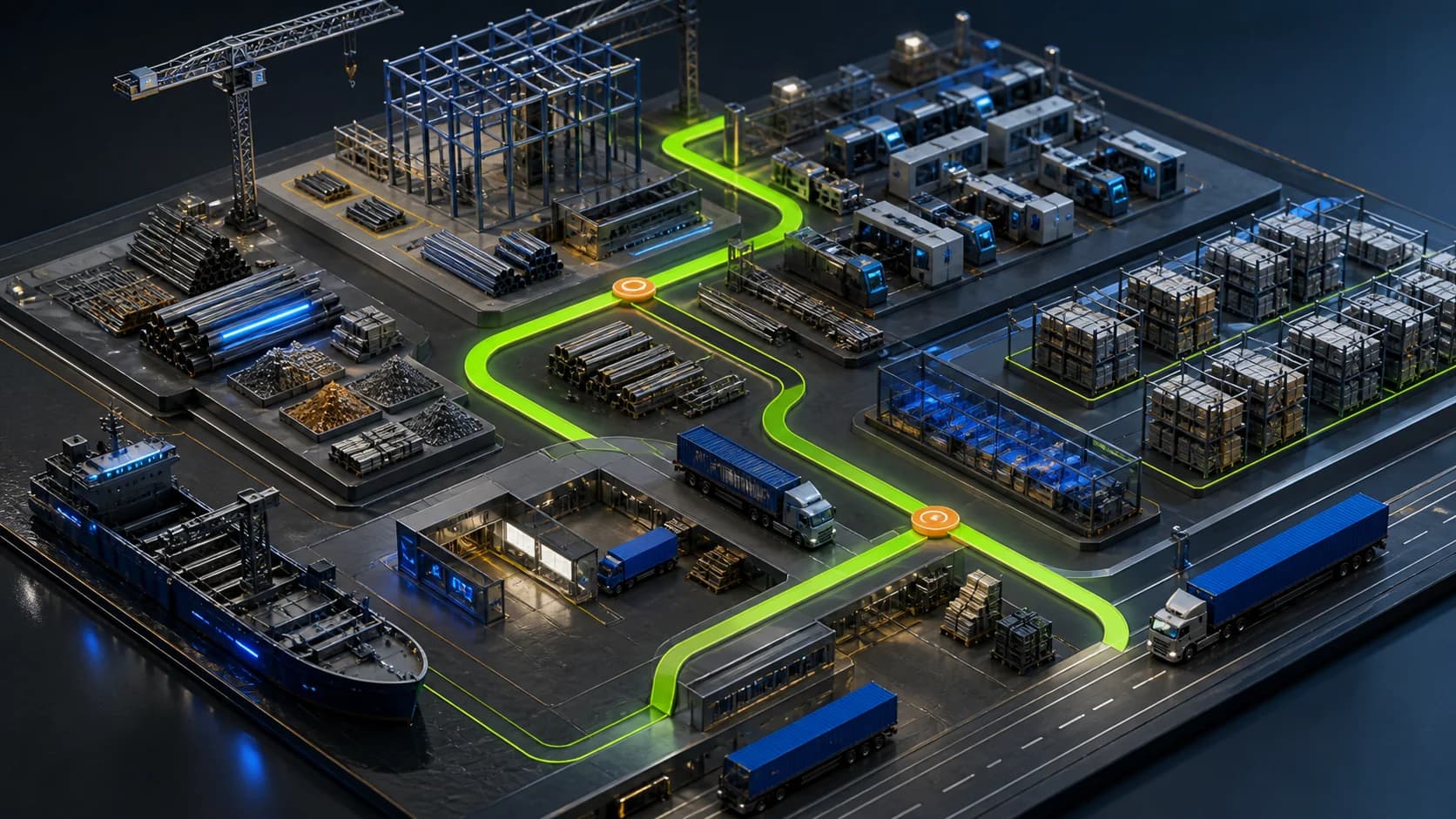 Construction, production, warehouse, and transport systems connected by a bright workflow path